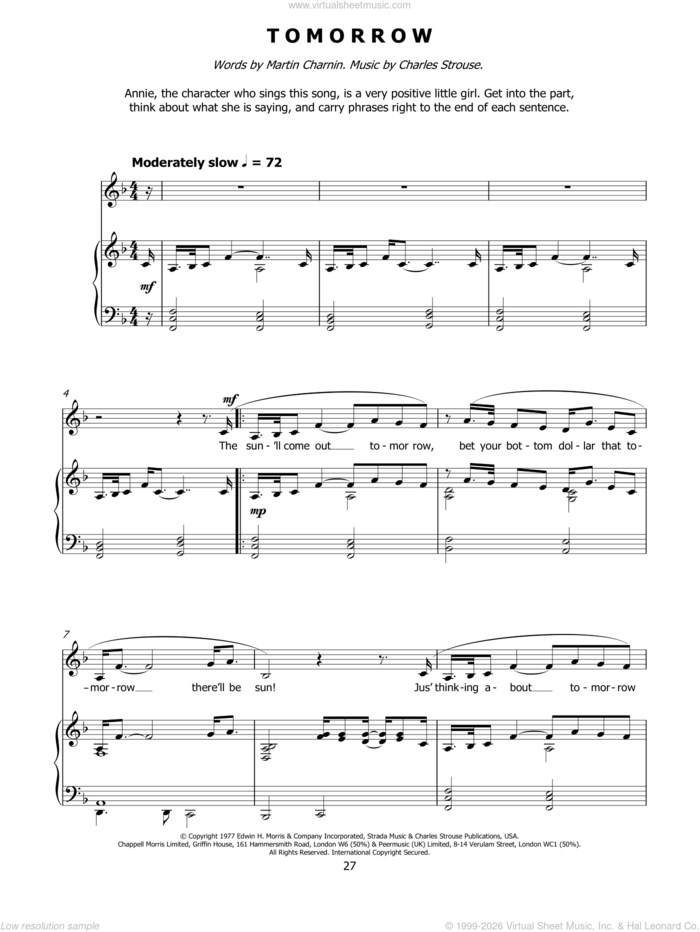 Tomorrow sheet music for voice and piano by Charles Strouse, Annie (Musical) and Martin Charnin, intermediate skill level