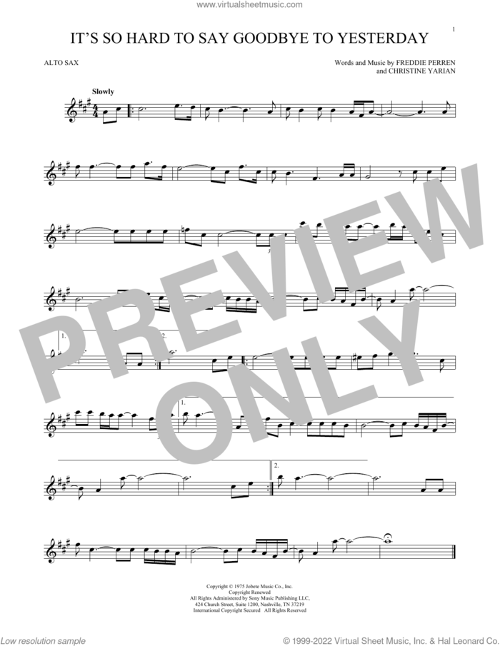 It's So Hard To Say Goodbye To Yesterday sheet music for alto saxophone solo by Boyz II Men, Christine Yarian and Frederick Perren, intermediate skill level