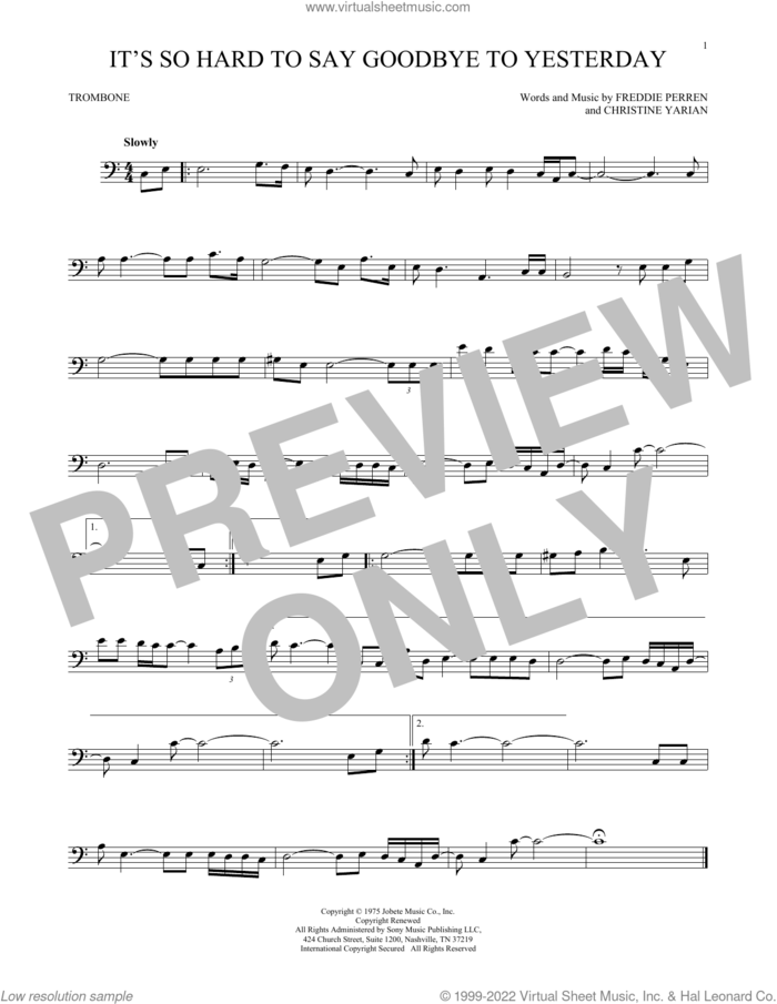 It's So Hard To Say Goodbye To Yesterday sheet music for trombone solo by Boyz II Men, Christine Yarian and Frederick Perren, intermediate skill level