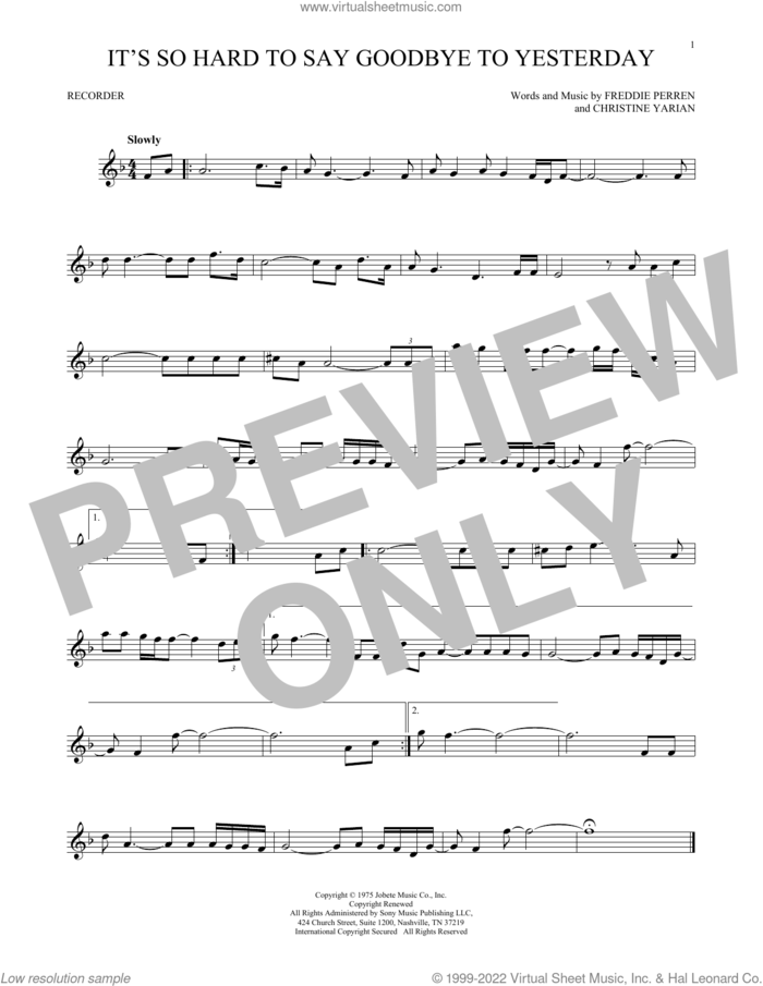 It's So Hard To Say Goodbye To Yesterday sheet music for recorder solo by Boyz II Men, Christine Yarian and Frederick Perren, intermediate skill level