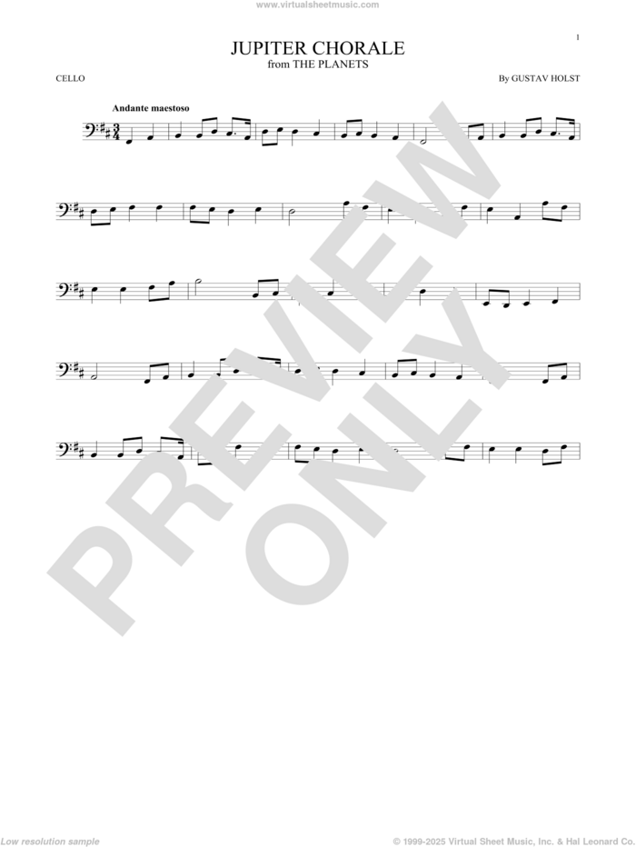 Jupiter (from The Planets, Op. 32) sheet music for cello solo by Gustav Holst, classical score, intermediate skill level