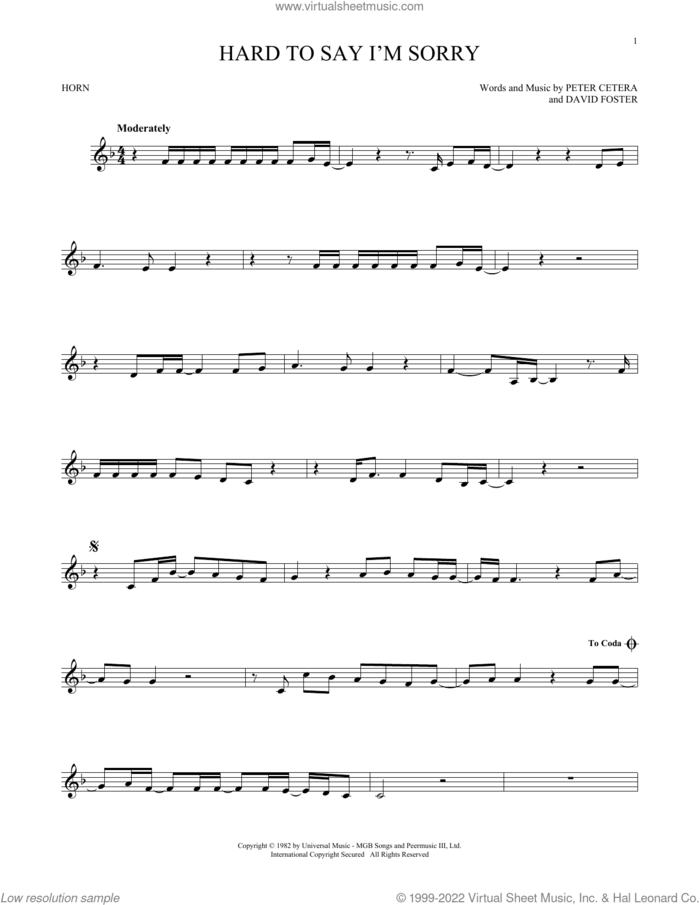Hard To Say I'm Sorry sheet music for horn solo by Chicago, David Foster and Peter Cetera, intermediate skill level