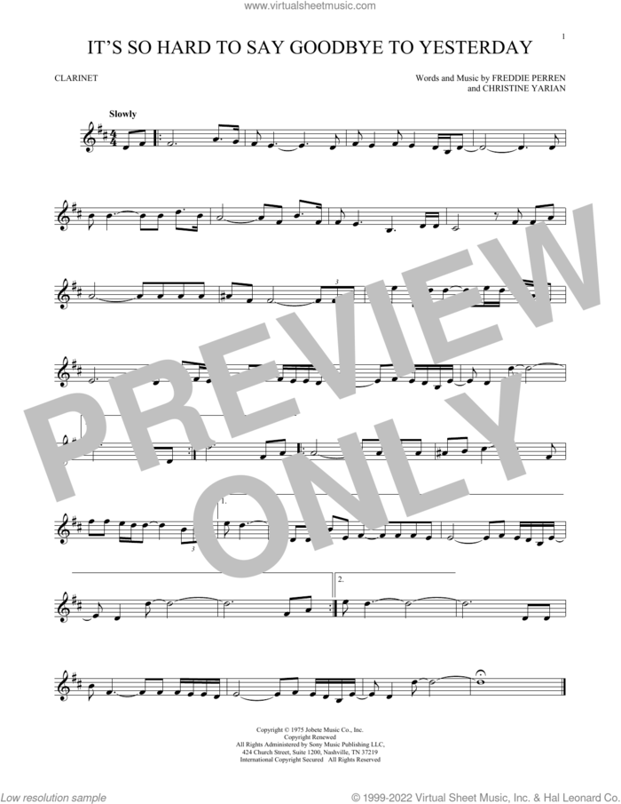 It's So Hard To Say Goodbye To Yesterday sheet music for clarinet solo by Boyz II Men, Christine Yarian and Frederick Perren, intermediate skill level