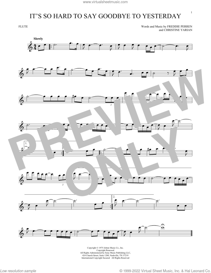 It's So Hard To Say Goodbye To Yesterday sheet music for flute solo by Boyz II Men, Christine Yarian and Frederick Perren, intermediate skill level