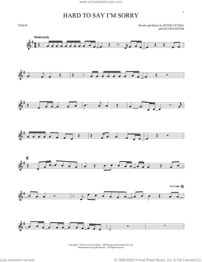 Hard To Say I'm Sorry sheet music for violin solo by Chicago, David Foster and Peter Cetera, intermediate skill level