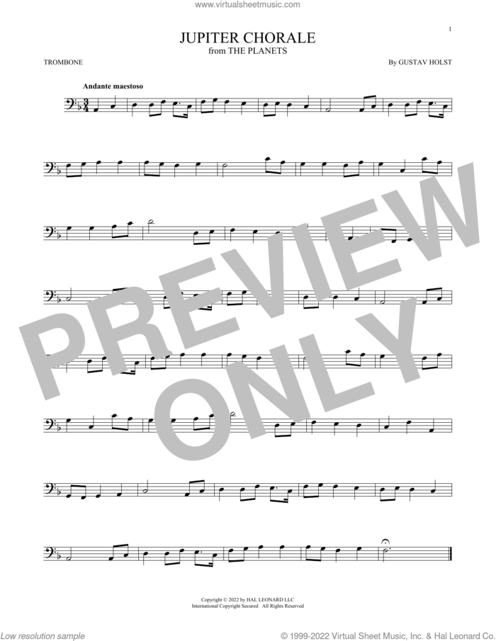 Jupiter (from The Planets, Op. 32) sheet music for trombone solo by Gustav Holst, classical score, intermediate skill level