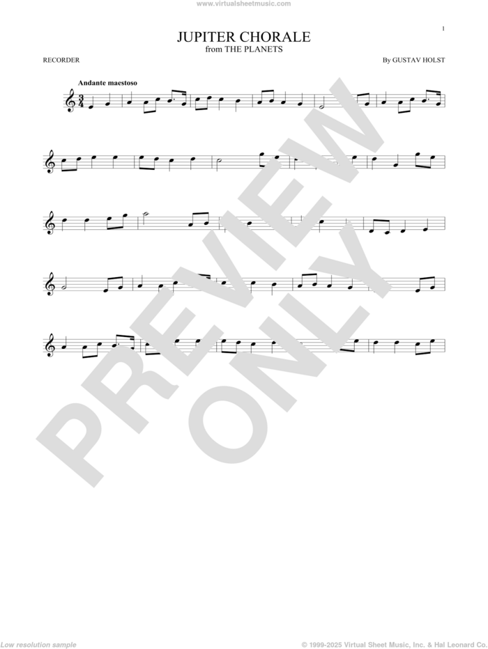 Jupiter (from The Planets, Op. 32) sheet music for recorder solo by Gustav Holst, classical score, intermediate skill level