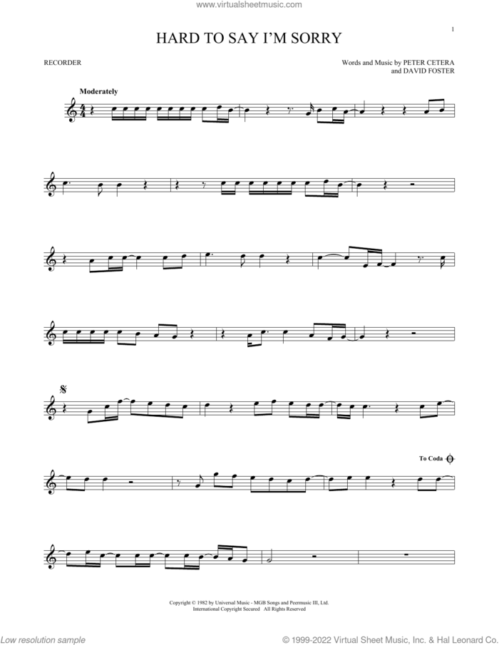 Hard To Say I'm Sorry sheet music for recorder solo by Chicago, David Foster and Peter Cetera, intermediate skill level