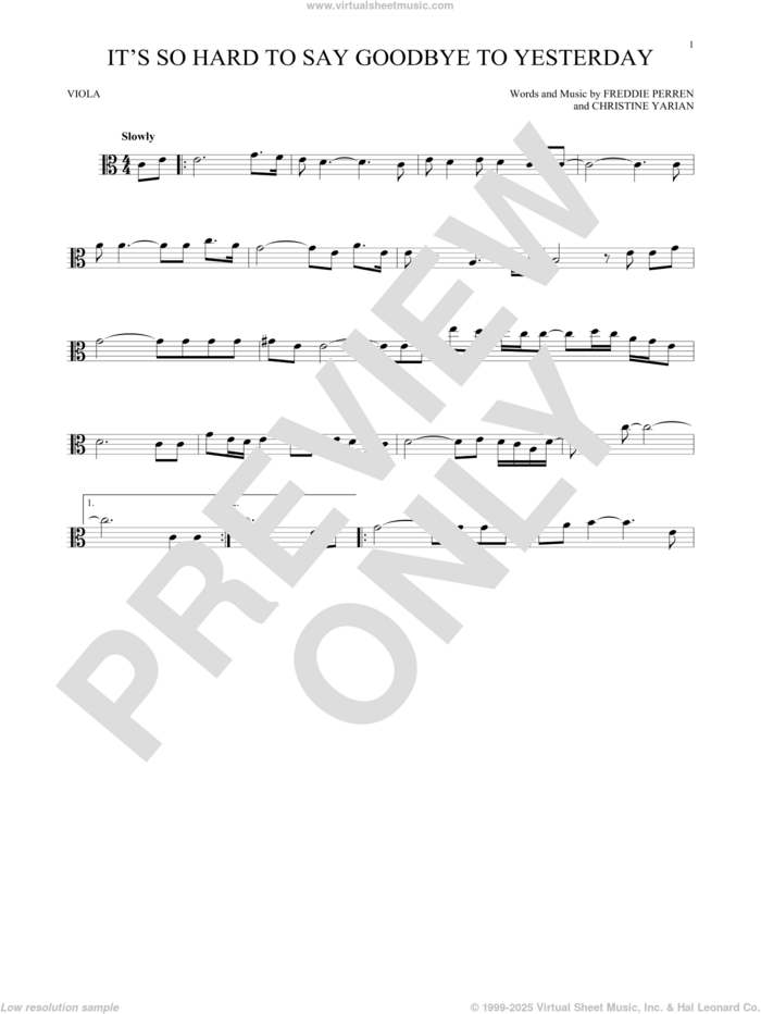 It's So Hard To Say Goodbye To Yesterday sheet music for viola solo by Boyz II Men, Christine Yarian and Frederick Perren, intermediate skill level