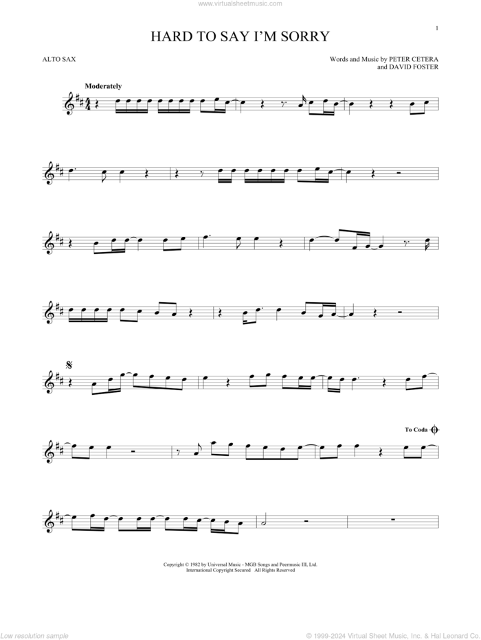 Hard To Say I'm Sorry sheet music for alto saxophone solo by Chicago, David Foster and Peter Cetera, intermediate skill level