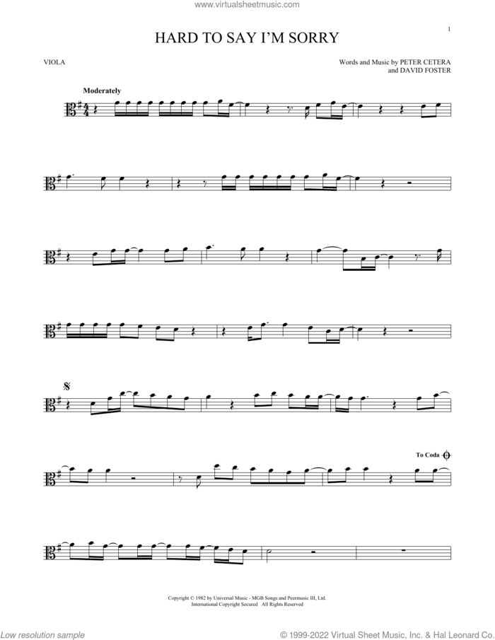 Hard To Say I'm Sorry sheet music for viola solo by Chicago, David Foster and Peter Cetera, intermediate skill level