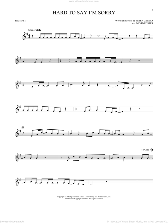 Hard To Say I'm Sorry sheet music for trumpet solo by Chicago, David Foster and Peter Cetera, intermediate skill level