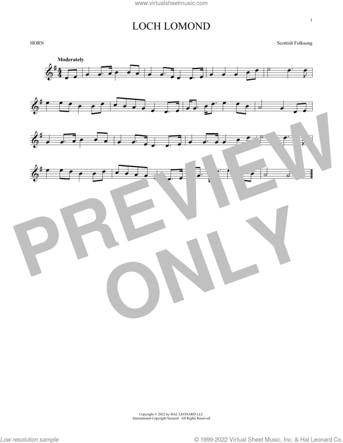 Loch Lomond sheet music for horn solo, intermediate skill level