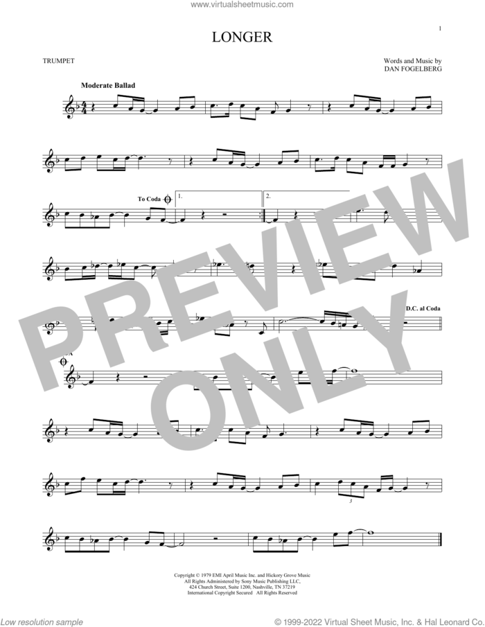 Longer sheet music for trumpet solo by Dan Fogelberg, intermediate skill level