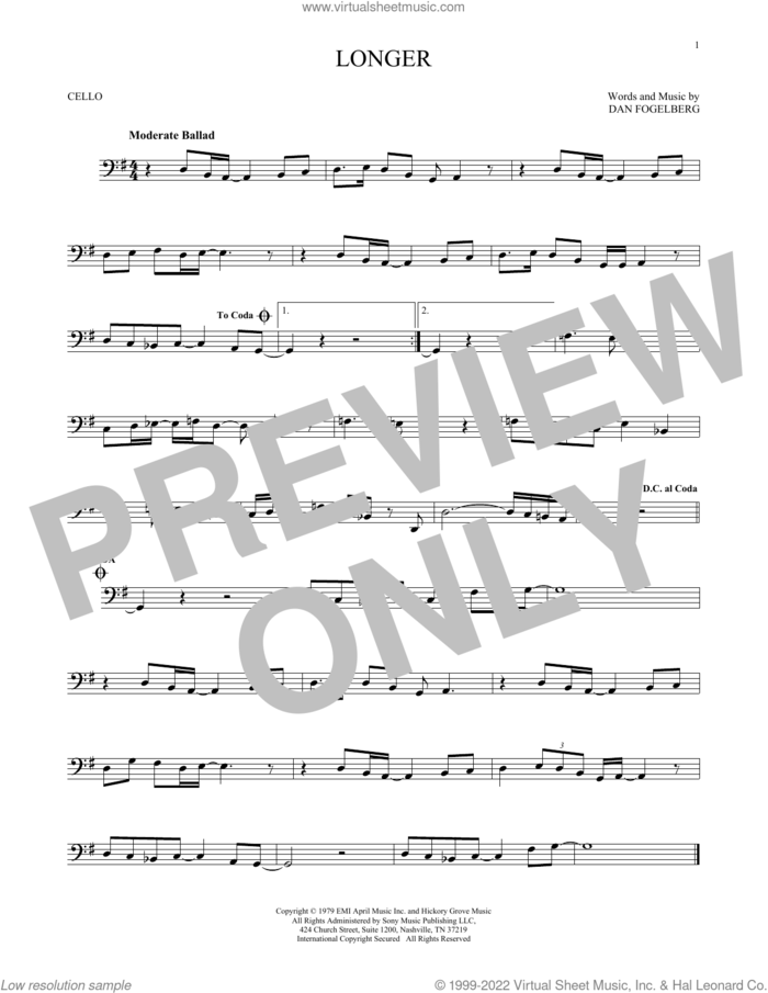 Longer sheet music for cello solo by Dan Fogelberg, intermediate skill level