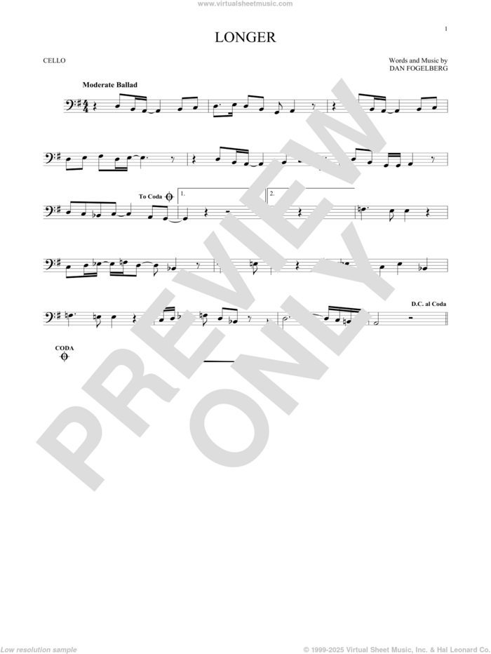 Longer sheet music for cello solo by Dan Fogelberg, intermediate skill level