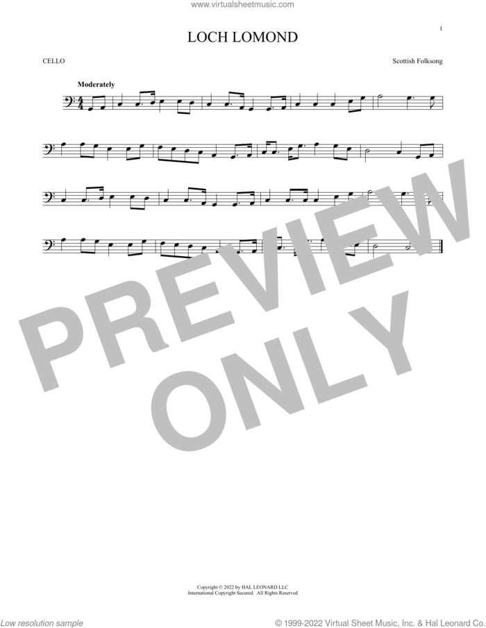 Loch Lomond sheet music for cello solo, intermediate skill level