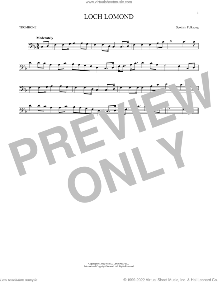 Loch Lomond sheet music for trombone solo, intermediate skill level