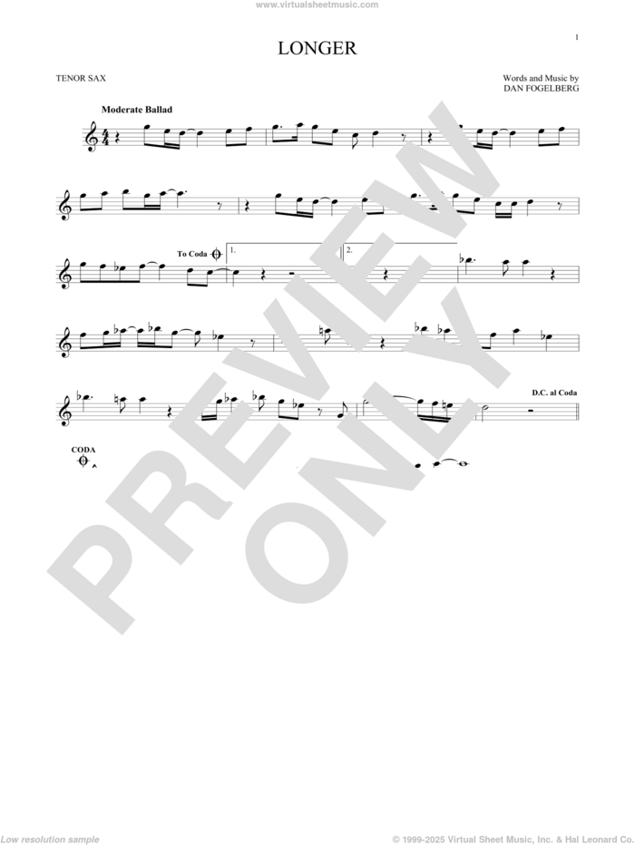 Longer sheet music for tenor saxophone solo by Dan Fogelberg, intermediate skill level