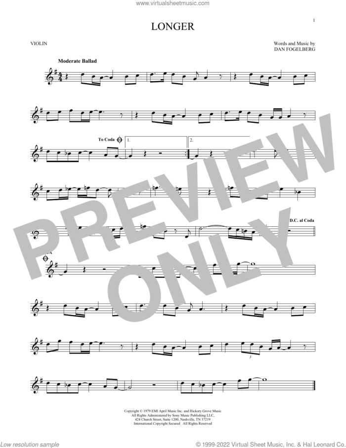 Longer sheet music for violin solo by Dan Fogelberg, intermediate skill level