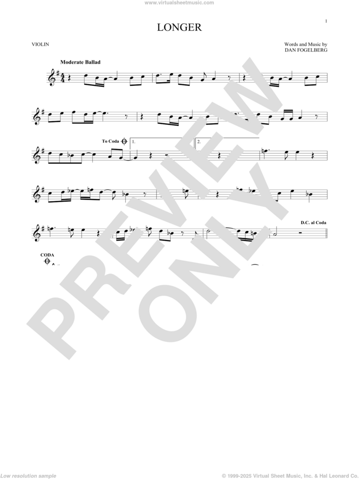 Longer sheet music for violin solo by Dan Fogelberg, intermediate skill level