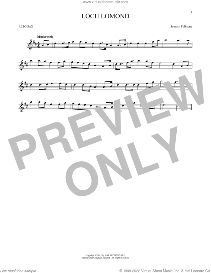 Loch Lomond sheet music for alto saxophone solo, intermediate skill level