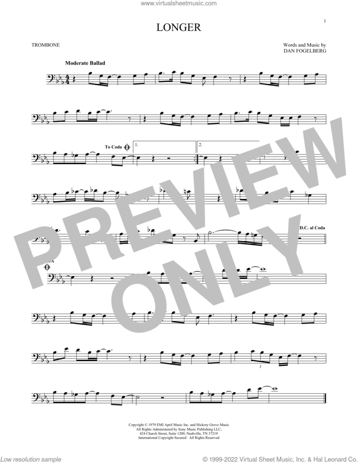 Longer sheet music for trombone solo by Dan Fogelberg, intermediate skill level