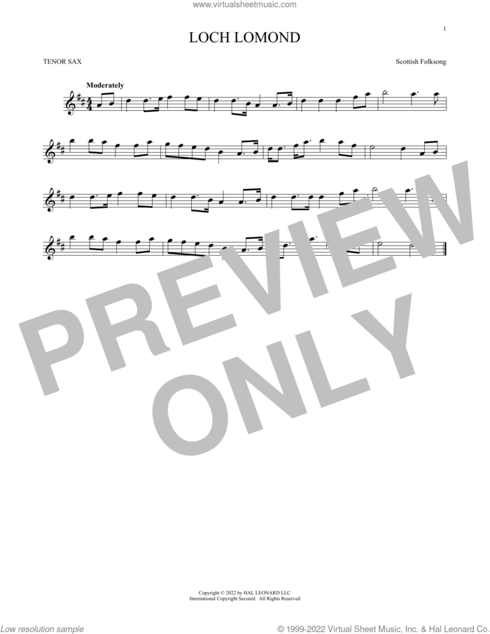 Loch Lomond sheet music for tenor saxophone solo, intermediate skill level