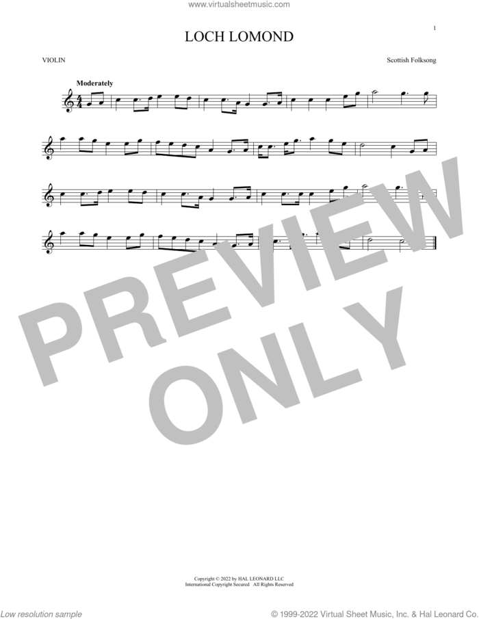 Loch Lomond sheet music for violin solo, intermediate skill level
