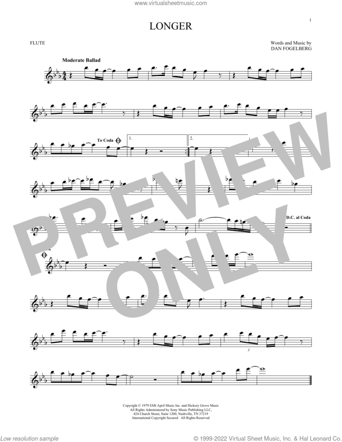 Longer sheet music for flute solo by Dan Fogelberg, intermediate skill level