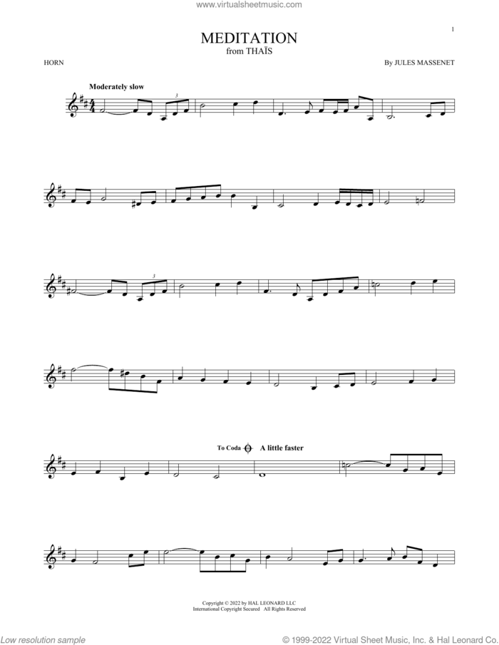 Meditation sheet music for horn solo by Jules Massenet, classical wedding score, intermediate skill level