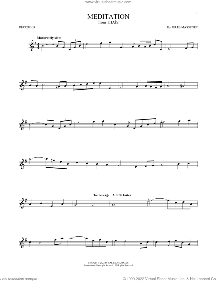 Meditation sheet music for recorder solo by Jules Massenet, classical wedding score, intermediate skill level