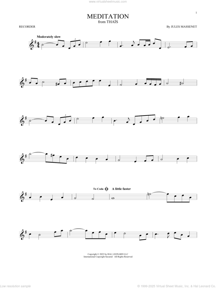 Meditation sheet music for recorder solo by Jules Massenet, classical wedding score, intermediate skill level