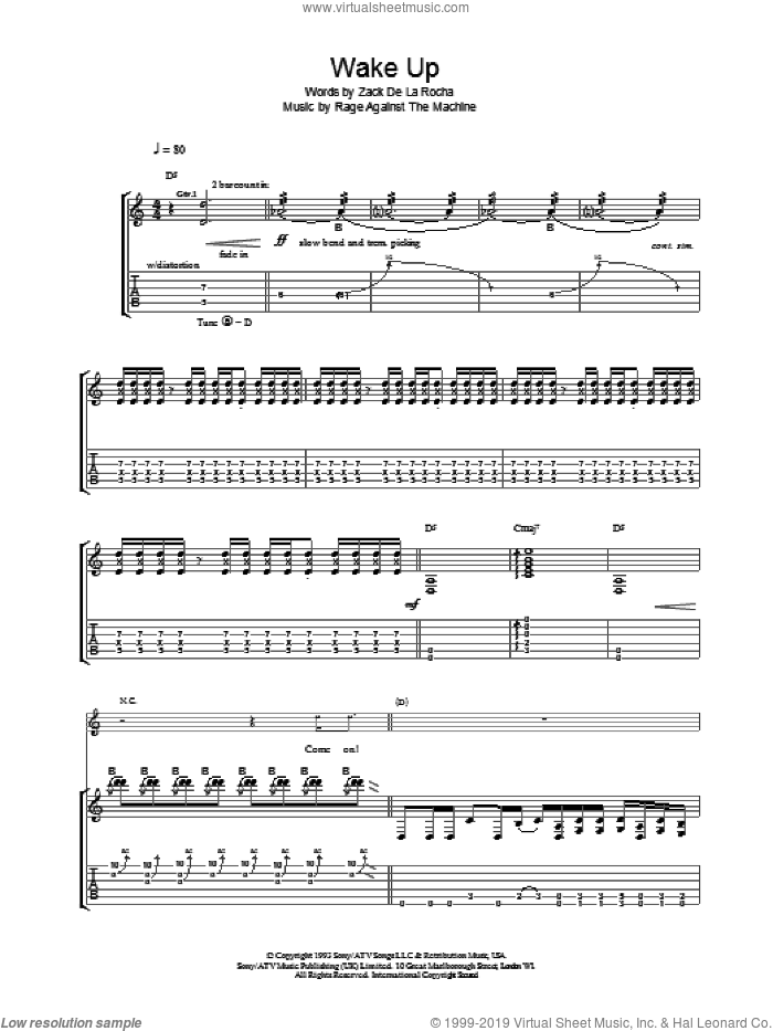Wake Up sheet music for guitar (tablature) by Rage Against The Machine, intermediate skill level