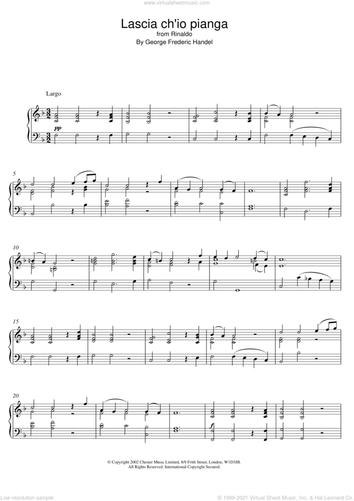 Lascia Ch'io Pianga (from Rinaldo) sheet music for piano solo by George Frideric Handel, classical score, intermediate skill level