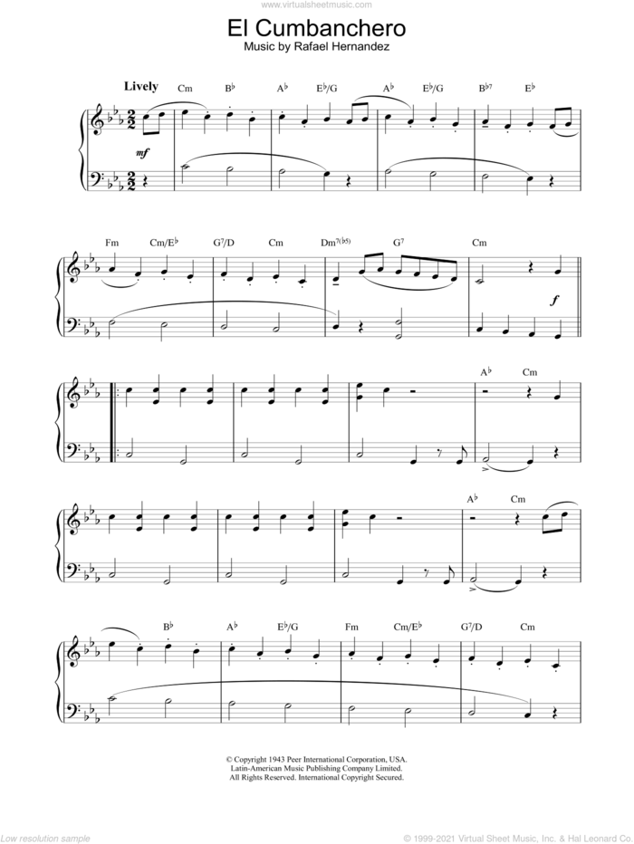 El Cumbanchero sheet music for piano solo by Rafael Hernandez, intermediate skill level