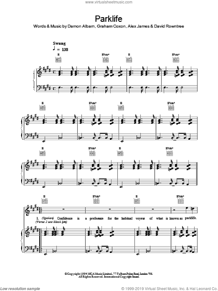 Parklife sheet music for voice, piano or guitar by Blur, intermediate skill level