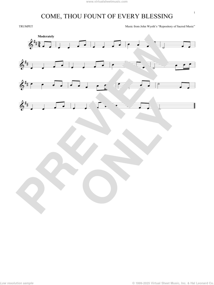 Come, Thou Fount Of Every Blessing sheet music for trumpet solo by Robert Robinson and John Wyeth, intermediate skill level