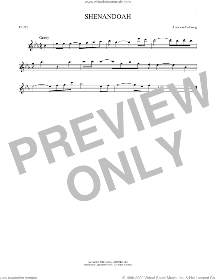 Shenandoah sheet music for flute solo by American Folksong, intermediate skill level