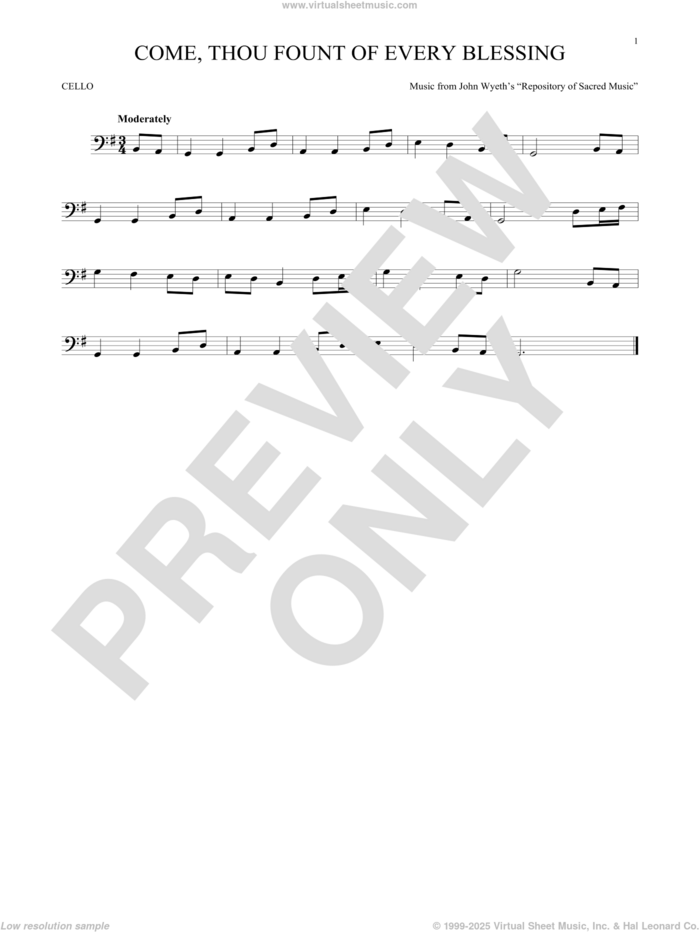 Come, Thou Fount Of Every Blessing sheet music for cello solo by Robert Robinson and John Wyeth, intermediate skill level