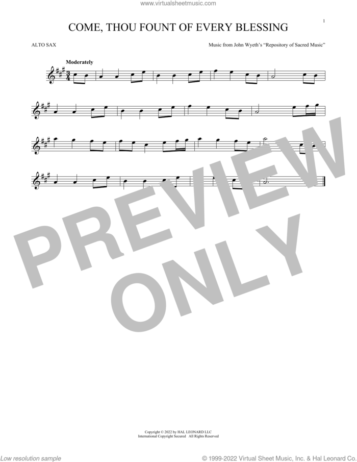 Come, Thou Fount Of Every Blessing sheet music for alto saxophone solo by Robert Robinson and John Wyeth, intermediate skill level