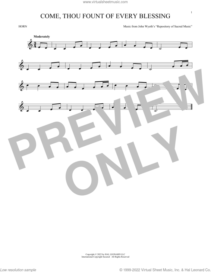 Come, Thou Fount Of Every Blessing sheet music for horn solo by Robert Robinson and John Wyeth, intermediate skill level