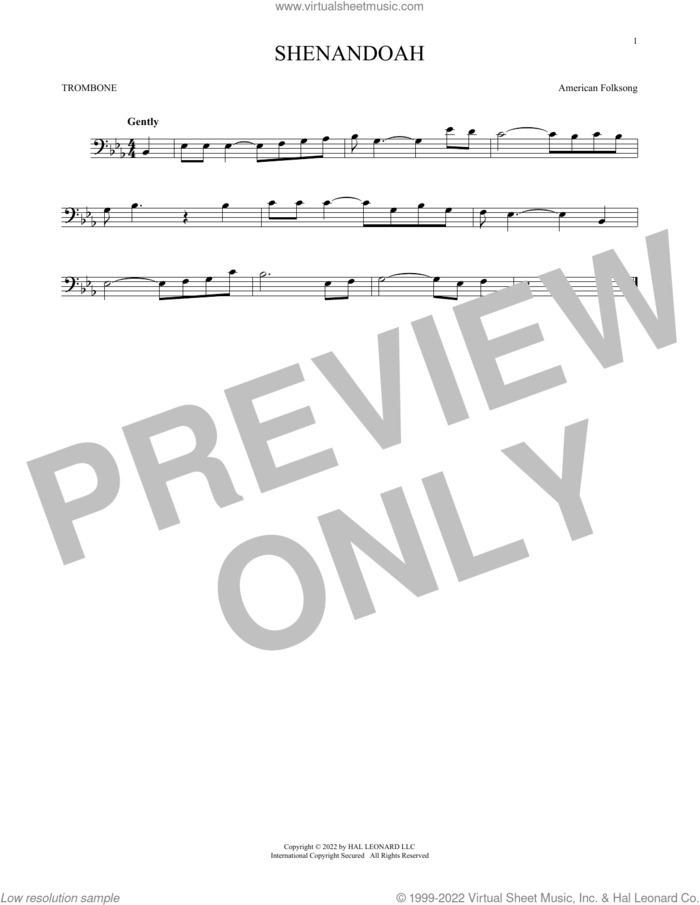 Shenandoah sheet music for trombone solo by American Folksong, intermediate skill level