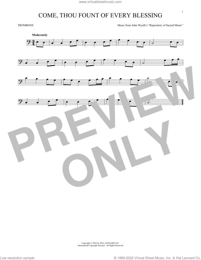 Come, Thou Fount Of Every Blessing sheet music for trombone solo by Robert Robinson and John Wyeth, intermediate skill level
