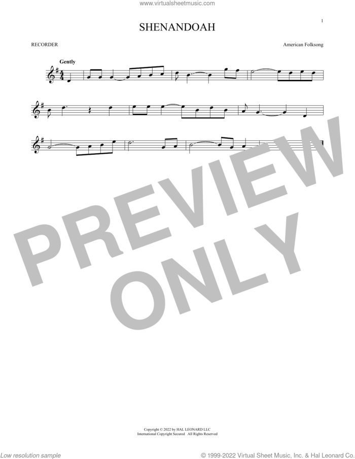 Shenandoah sheet music for recorder solo by American Folksong, intermediate skill level