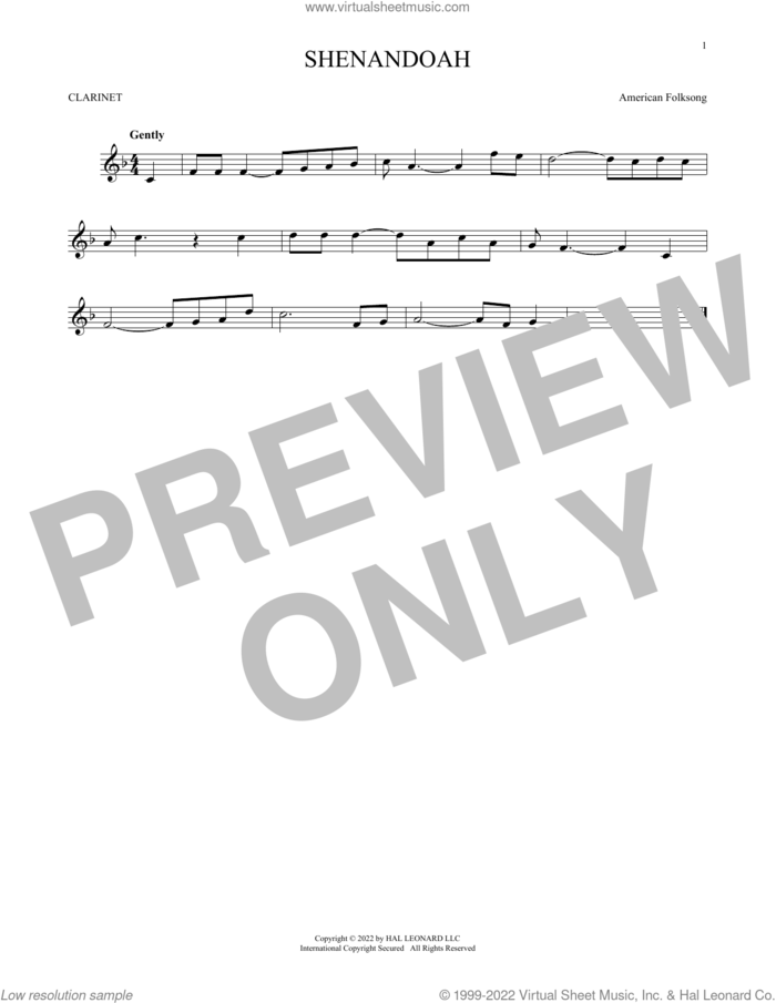 Shenandoah sheet music for clarinet solo by American Folksong, intermediate skill level