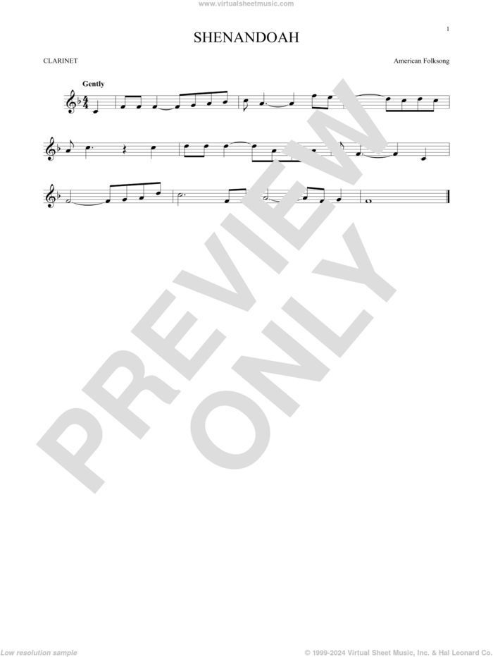 Shenandoah sheet music for clarinet solo by American Folksong, intermediate skill level