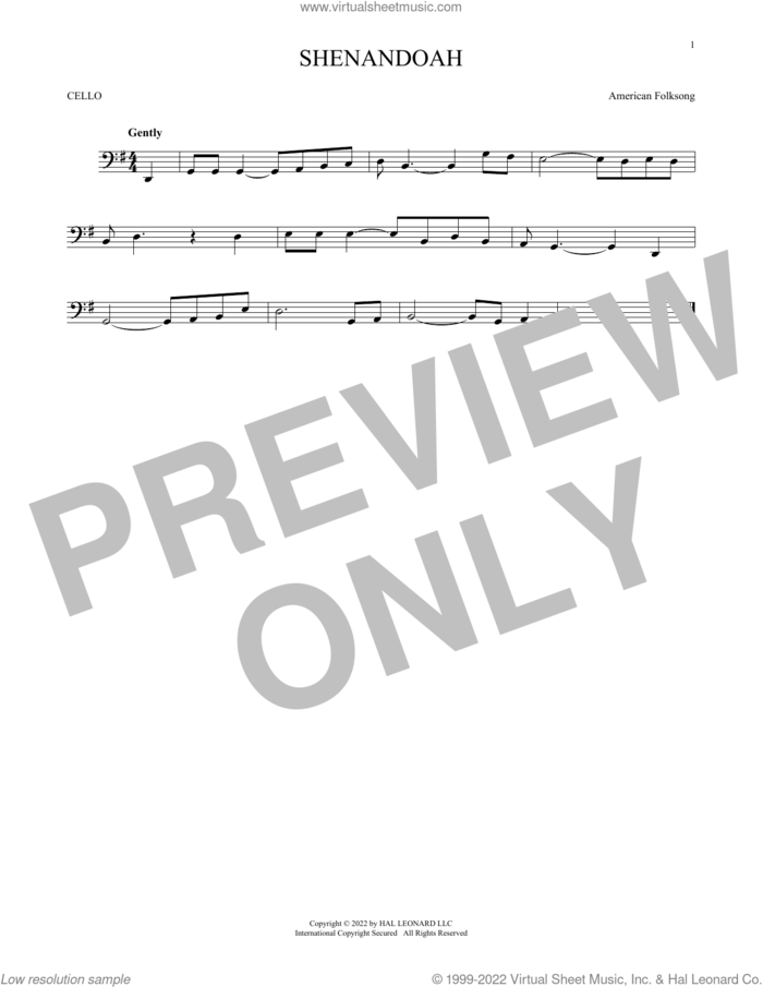 Shenandoah sheet music for cello solo by American Folksong, intermediate skill level