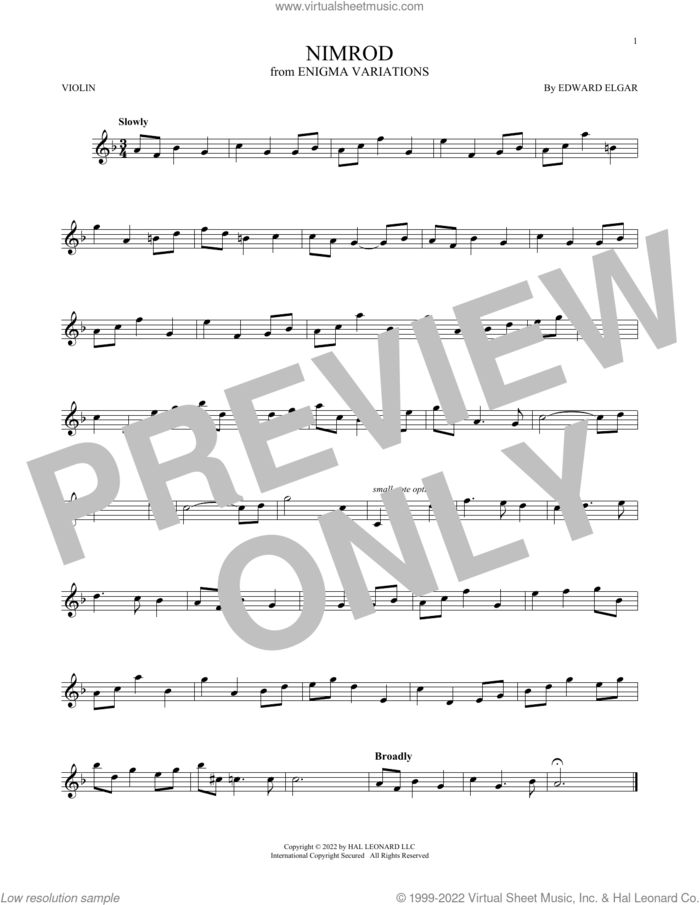 Nimrod sheet music for violin solo by Edward Elgar, classical score, intermediate skill level