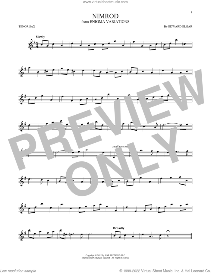 Nimrod sheet music for tenor saxophone solo by Edward Elgar, classical score, intermediate skill level